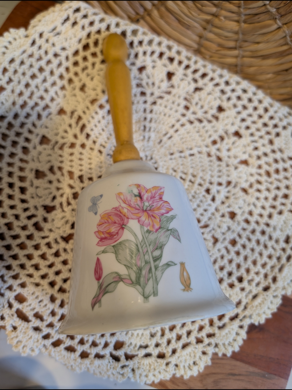 Handheld Floral Porcelain Bell with Wooden Handle Vintage